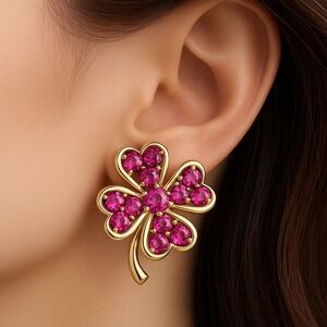Sarah Coventry Pink Crystal Gold Tone  Clip on Earrings Clover Leaf Vintage